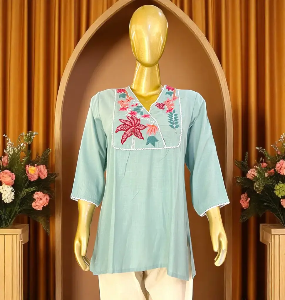 Turquoise-Blue-Kurti-with-Floral-Neck-Embroidery01.webp