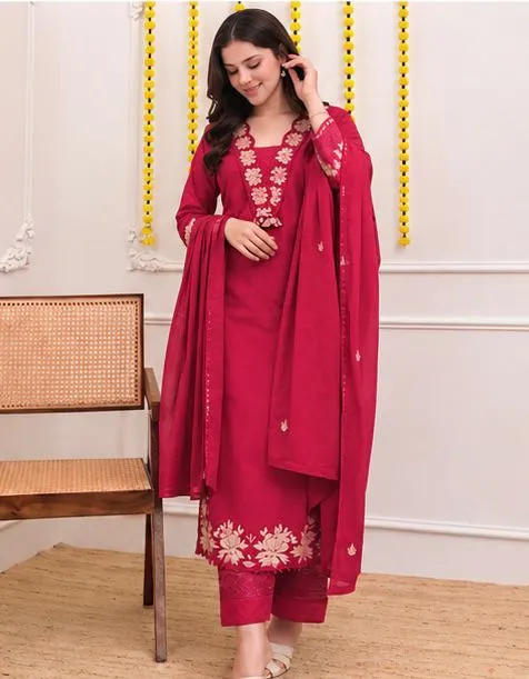Pure-Cotton-60-60-Straight Kurta-Pant-Set-with-Detailed-Embroidery-Work-Red2.webp