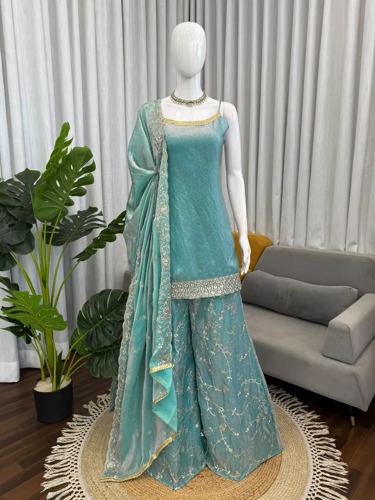 Exclusive Fendy Silk Thread and Sequence Embroidered Tunic, Matching Elastic Palazzo, and Border Work Dupatta 3-Piece Set6.webp
