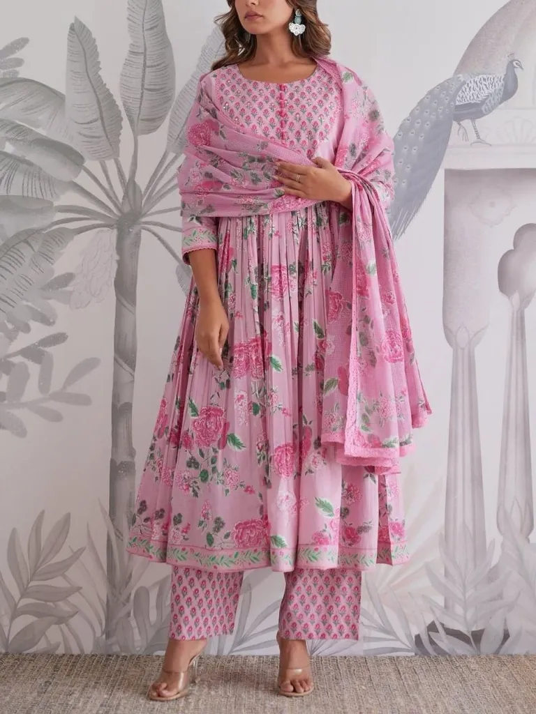 Premium-Pure-Taj-Jaipuri-Cotton-6060-Handwork-Anarkali-Kurti,-Tailored-Trousers,-and-Lightweight-Floral-Dupatta-3-Piece-Luxury-Summer-Suit-Set-Pink1.webp