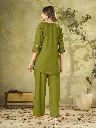 Premium Pure Cotton Co-Ord Set with Multi-Color Thread Embroidery, Matching Straight-Cut Trousers 2-Piece Designer Contemporary Set Green5.webp